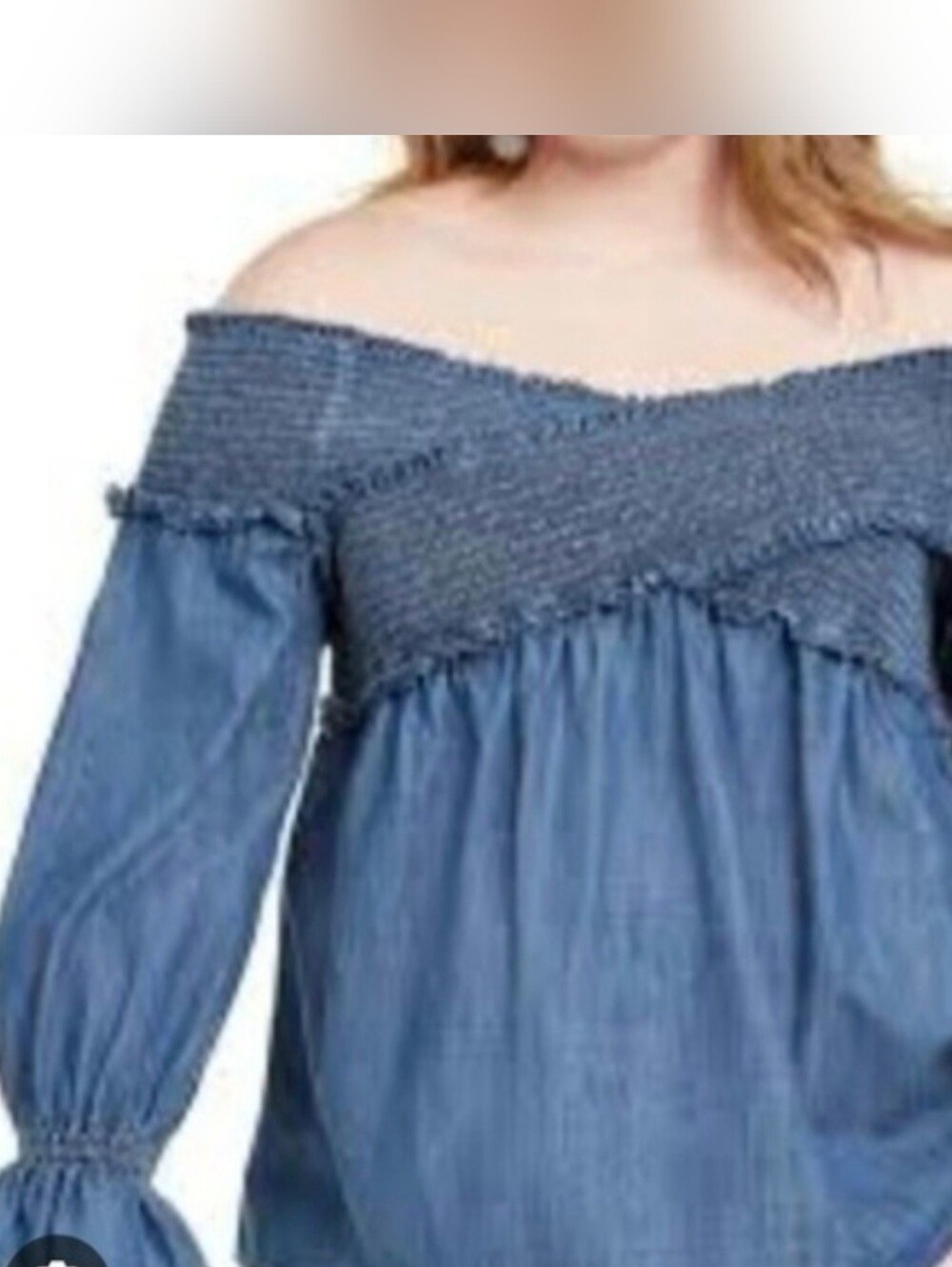 INC International Concepts Chambray Off-Shoulder Smocked Top - Blue